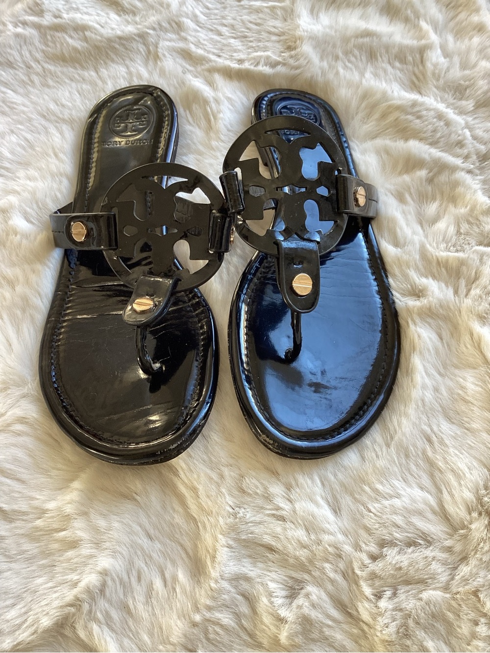 Tory Burch Black Patent Logo Thong Sandals